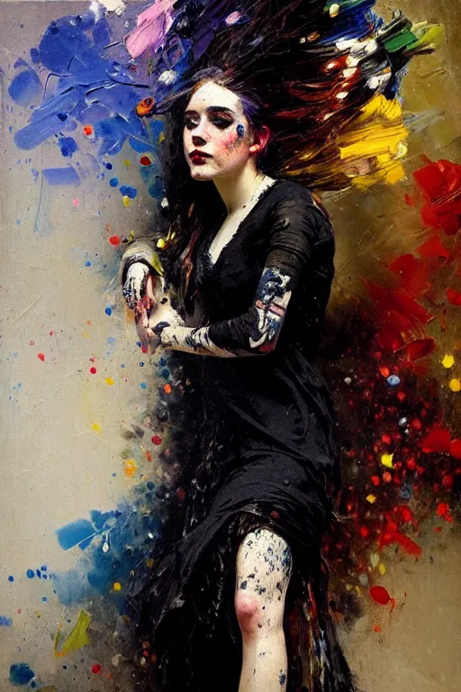 Image similar to impressionist brushstrokes spatter drips!!!! solomon joseph solomon and richard schmid and jeremy lipking victorian loose genre loose painting full length portrait painting of a young beautiful woman punk rocker