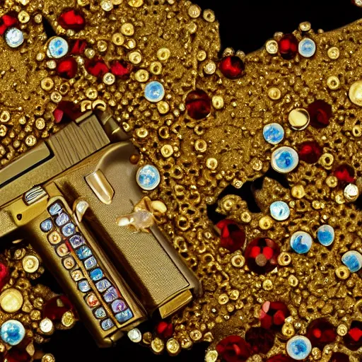 Image similar to a medium shot photograph of a gold glock 18 encrusted with gemstones against a smooth red silk background