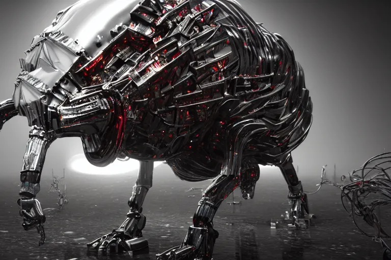 Image similar to giant metallic nightmare robotic creature with fangs made from syringes, science fiction horror art, cosmic horror, demonic, gleaming chrome, 8k, cgsociety, ultra high detail, rendered in unreal engine 5