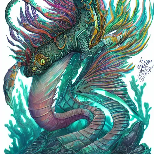 Image similar to underwater sea dragon full body, d & d style, trending on artstation, colorful, intricate, highly detailed art by ilse gort and yugin maffioli