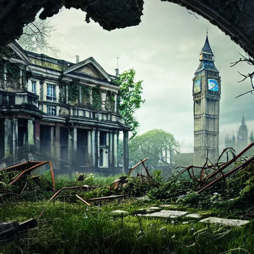 Image similar to overgrown london in ruins, highly detailed, 4k, HDR, award-winning, artstation, octane render