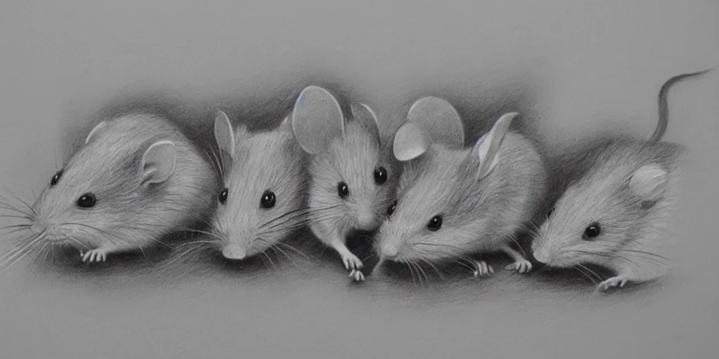 Image similar to a beautiful pencil drawing of exactly three!!!!! cartoon mice; masterpiece; extremely highly detailed; ultra-realistic; trending on artstation