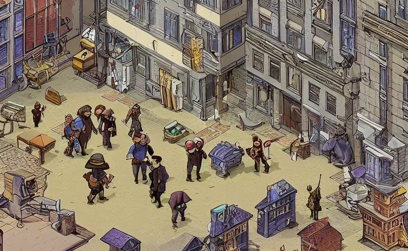 Image similar to townsmen meet a detective to present a new case outside his office building, moebius, print, game art