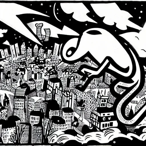 Image similar to mcbess illustration of a catmonster destroying a city