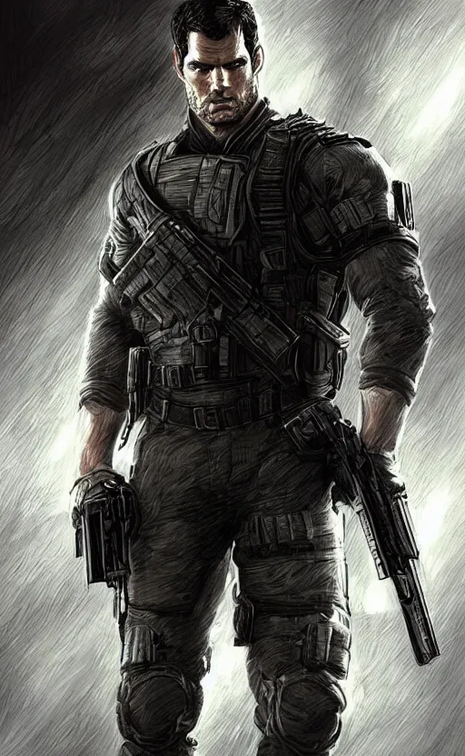 Image similar to portrait of henry cavill as chris redfield, resident evil, pistol, upper body, henry cavill!!!, fantasy, intricate, elegant, highly detailed, digital painting, artstation, concept art, smooth, sharp focus, illustration, art by artgerm and greg rutkowski and alphonse mucha