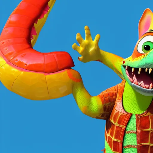 Image similar to 3 d render, anthropomorphic alligator, red scales on his back, yellow scale on his belly and chest, male, waring a hawaiian shirt, in the style of zootopia, hd, 4 k, high definition background