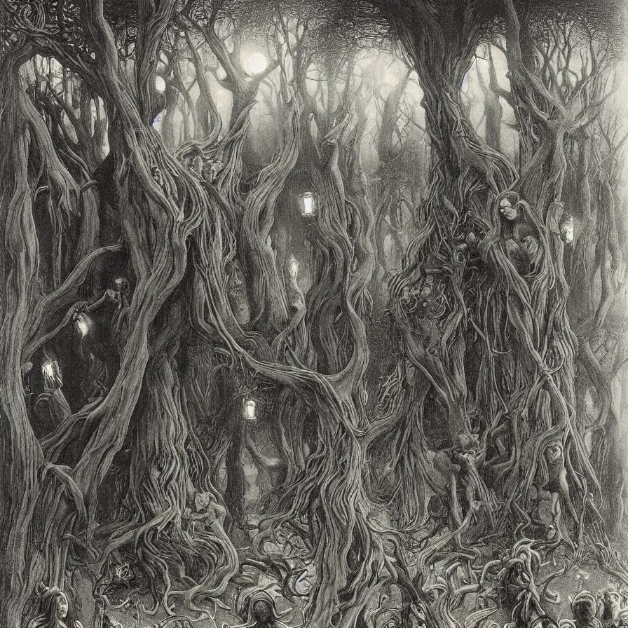 Image similar to a night carnival around a magical tree cavity, with a surreal orange moonlight and fireworks in the background, next to a big lake with iridiscent water, christmas lights, folklore animals and people disguised as fantastic creatures in a magical forest by summer night, masterpiece painted by jean delville, gustave dore and marco mazzoni, art nouveau, dark night environment