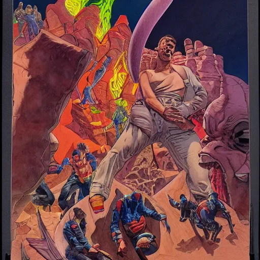 Image similar to jean giraud and moebius and don lawrence and alex ross and john romita jr, gouache and wash paints, detailed details / desperate life of john doe