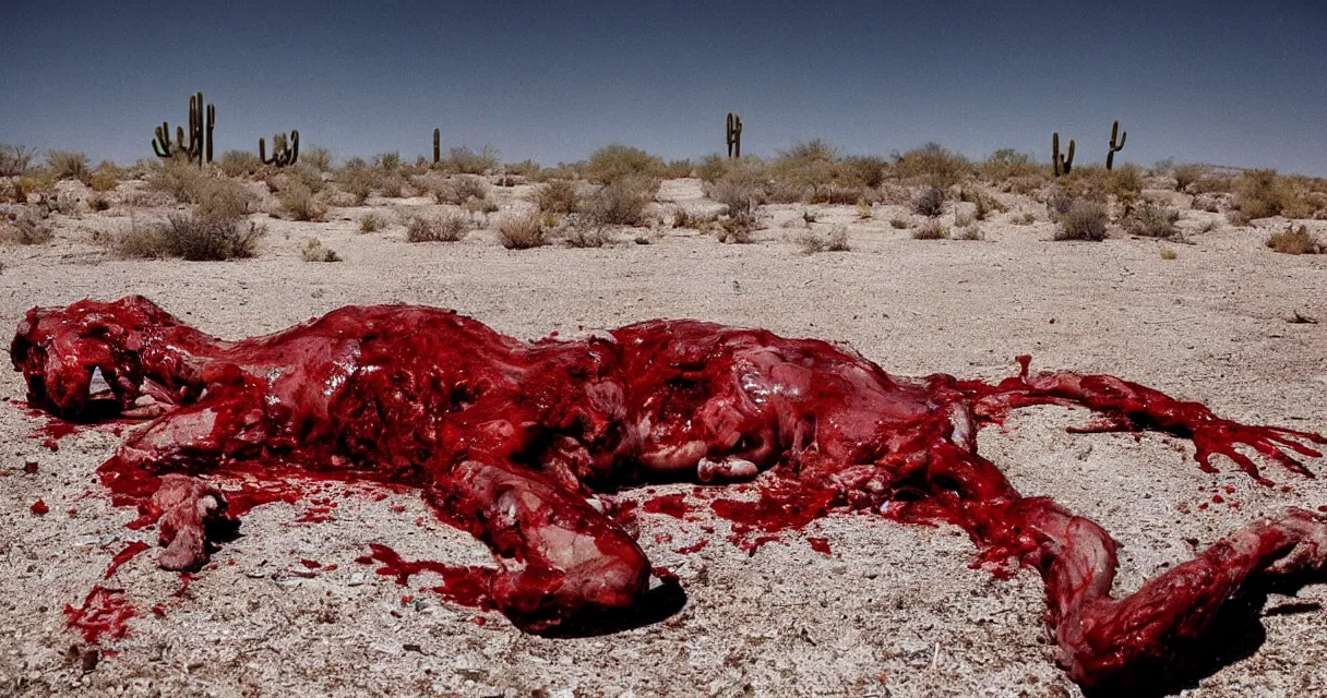 Prompt: in the desert a bloody gross horrifying The Thing creature made of muscle and bone and blood stares at the camera, eating, there is a pool of blood on the ground, mid day, 35mm photography, realistic,