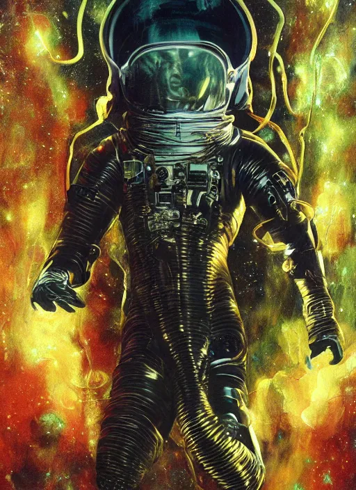 Image similar to astronaut in dark void underwater - complex and hyperdetailed technical suit design. reflection and dispersion materials. rays and dispersion of light. volumetric light. f / 3 2. noise film photo. flash photography. ultra realistic, 5 0 mm. poster by wayne barlowe, hajime sorayama aaron horkey, craig mullins