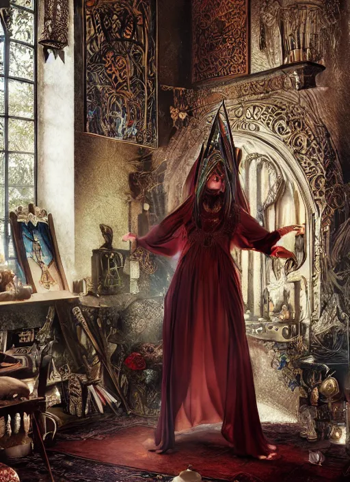 Image similar to levitationinside covens den, intricate wiccan scene detailing, textless, hyperornate wiccan photorealistic mask, highly detailed, photorealistic, diffuse lighting, hdrp render, artstation, unreal 5, smooth, sharp focus, art by john collier, albert aublet, krenz cushart, artem demura, alphonse mucha