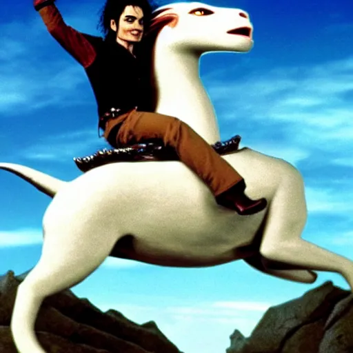 Prompt: Michael Jackson riding on top of Falkor from the film The Neverending Story