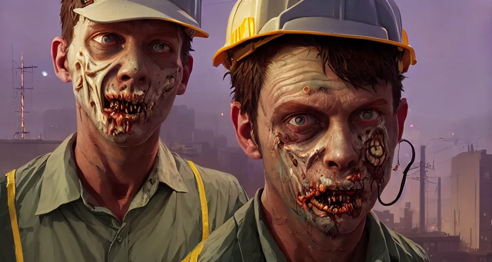 Image similar to highly detailed portrait construction worker zombie in gta v, stephen bliss, unreal engine, fantasy art by greg rutkowski, loish, rhads, ferdinand knab, makoto shinkai and lois van baarle, ilya kuvshinov, rossdraws, tom bagshaw, global illumination, radiant light, detailed and intricate environment