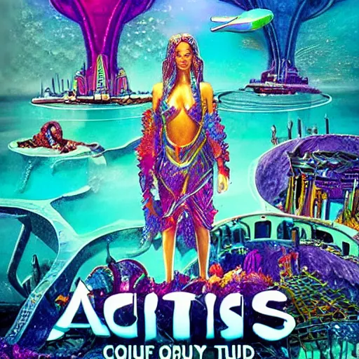 Prompt: city of atlantis, sci fi, colourful, acid trip, cinematic