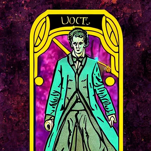 Image similar to tarot card with the picture of doctor who, realistic, smooth, detailed, ambient light,