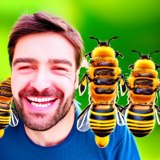 Image similar to photograph of smiling man with bees crawling out of his mouth, 8k resolution, high detail, ULTRA REALISTIC VFX, reflections