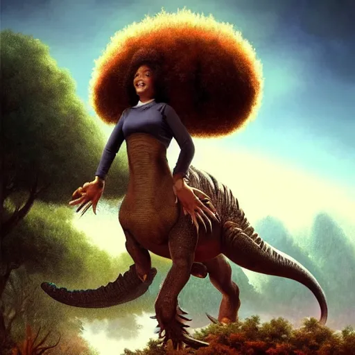 Image similar to bob ross!!! riding!!! a dinosaur!!, giant afro!, model pose, ultra realistic, concept art, intricate details, highly detailed, photorealistic, octane render, 8 k, unreal engine octane render art by artgerm and greg rutkowski and alphonse mucha