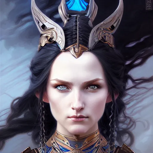 Image similar to Portrait of female warrior, D&D, blue eyes, face, long black hair, fantasy, intricate, elegant, highly detailed, digital painting, artstation, concept art, smooth, sharp focus, illustration, art by artgerm and greg rutkowski and alphonse mucha