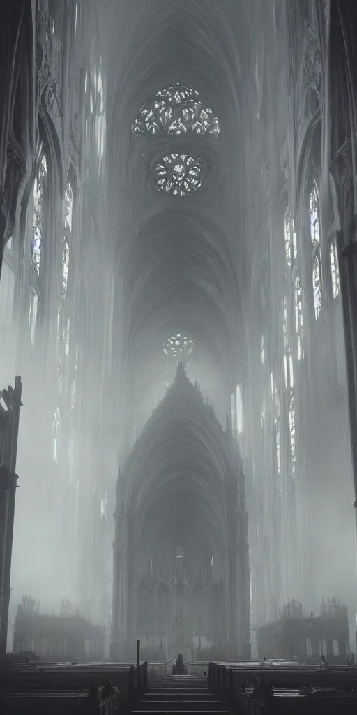 Image similar to epic cathedral!!!!!!!!!! interior!!! god-rays artstation atmospheric concept art cinematic digital fantasy gothic tall architecture haze!!! hazy smoke octane mood monks!!!