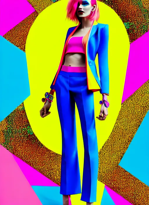 Prompt: bright trouser suit for a rave, bright colors, many details, prints, photo for a magazine, photo for a store, fashion photography, Vogue, 135 mm, cinematic, hyper realism, high detail, 8k, Two models in the frame, dynamic pose,Smooth skin, perfect face