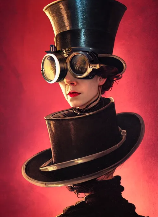 Image similar to highly detailed closeup portrait of jill the ripper wearing goggles and a top hat, stephen bliss, unreal engine, greg rutkowski, ilya kuvshinov, ross draws, tom bagshaw, tom whalen, alphonse mucha, nicoletta ceccoli, mark ryden, earl norem, global illumination, god rays, detailed and intricate environment