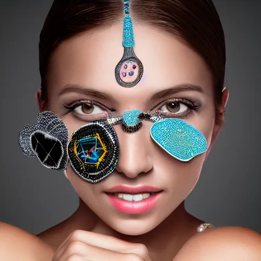 Prompt: portrait high-tech jewelry around her face and head