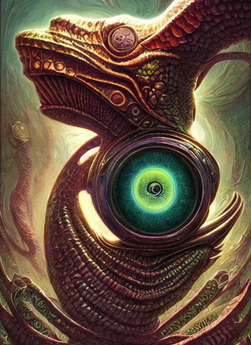 Prompt: phish spaceship mf doom reptile eyes, cosmic lsd poster art, intricate, elegant, highly detailed, centered, digital painting, artstation, concept art, smooth, sharp focus, illustration, artgerm, tomasz alen kopera, peter mohrbacher, donato giancola, joseph christian leyendecker, wlop, frank frazetta