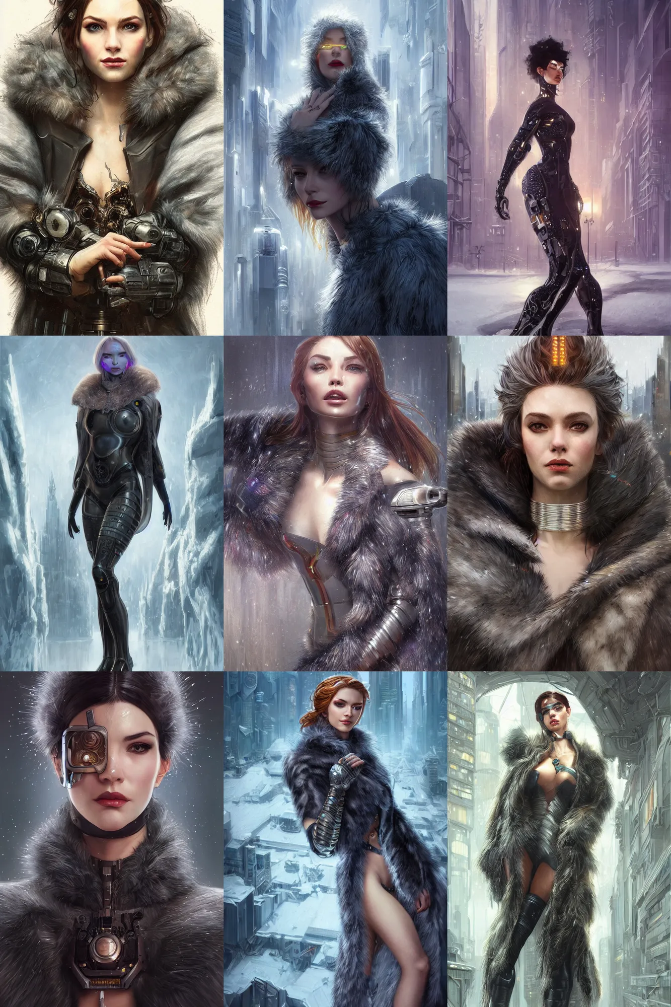 Prompt: Ultra realistic, cyborg woman with a fur coat in a frozen city, cyberpunk, sci-fi, fantasy, intricate, elegant, highly detailed, digital painting, artstation, concept art, smooth, sharp focus, illustration, art by artgerm and greg rutkowski and alphonse mucha