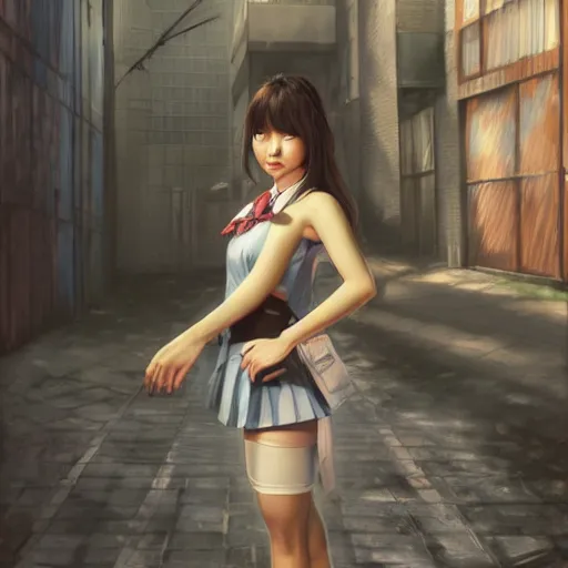 Image similar to a perfect, realistic professional oil painting of a Japanese schoolgirl posing in a dystopian alleyway, style of Marvel, full length, by a professional American senior artist on ArtStation, a high-quality hollywood-style concept