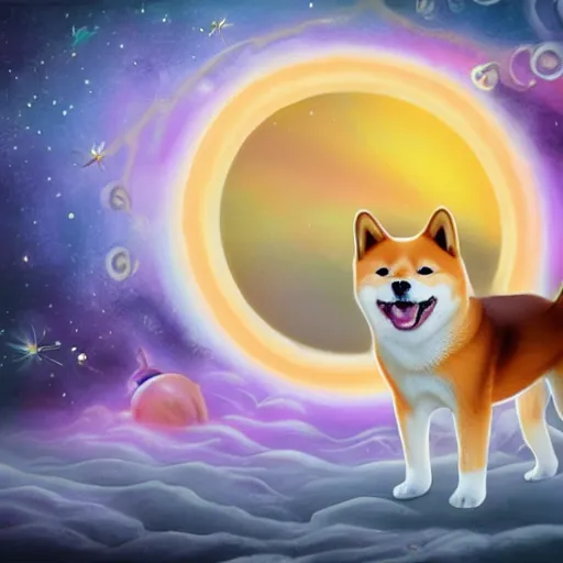 Prompt: shiba inu puppy walks through a dimensional portal, Fantasy Art