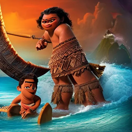 Image similar to moana fighting with zeus in the style of god of war