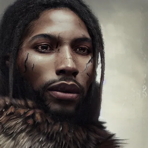 Image similar to portrait painting of a beautiful black man with cut scars and cropped hair wearing a tattered fur coat, ultra realistic, concept art, intricate details, eerie, highly detailed, photorealistic, octane render, 8 k, unreal engine. art by artgerm and greg rutkowski and charlie bowater and magali villeneuve and alphonse mucha