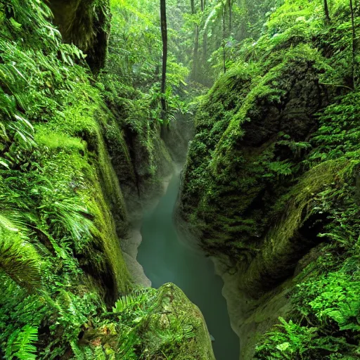 Image similar to a canyon in the middle of a tropical rain forest.