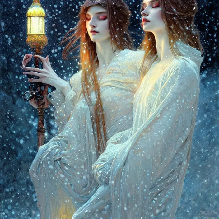 Image similar to psychedelic snowfall, diffuse lighting, fantasy, intricate, elegant, highly detailed, lifelike, photorealistic, digital painting, artstation, illustration, concept art, smooth, sharp focus, art by John Collier and Albert Aublet and Krenz Cushart and Artem Demura and Alphonse Mucha