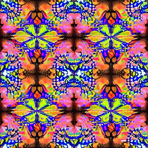 Image similar to colorful 3 d autostereogram illusion puzzle with psychedelic mushrooms dancing among a tie dye desert of peyote | symmetrical seamless tile