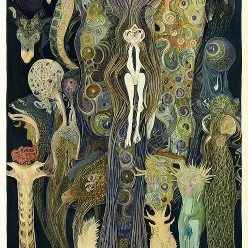 Prompt: A beautiful art installation of a group of creatures that looks like a mix of different animals. Most of the creatures have human-like features, such as arms and legs, and some are standing upright while others are crawling or flying. overhead view by Kay Nielsen soft, organic