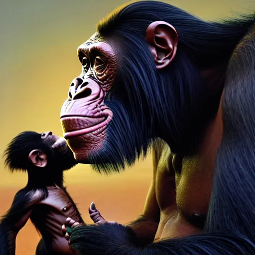 Image similar to a portrait of King Vajiralongkorn picking his nose next to a chimpanzee, realistic faces, grimdark extremely detailed fantasy art by Gerald Brom, octane render