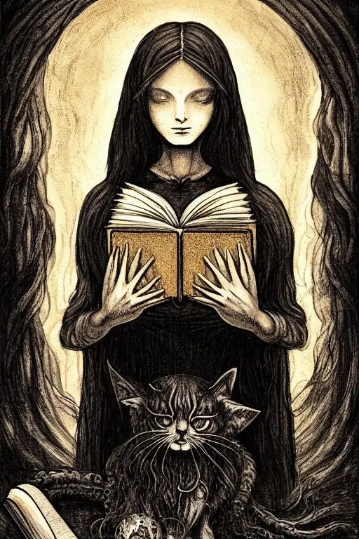 Image similar to da vinci illustration of romantic girl, her cat and her book of necronomicon, symmetrical, cinematic, sharp focus, 4 k, ultra hd, sense of awe, sinister demonic atmosphere, dreadful, forbidden knowledge, old gods, cthulhu, yog - sothoth! yah, yah, yah! cultist journal cover