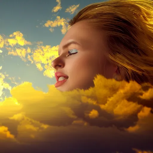 Prompt: fractal landscape golden clouds field of us coins beatific blonde woman with wings high detail 8 k