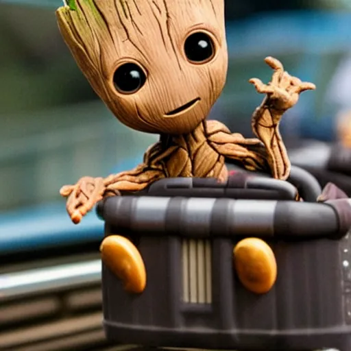 Image similar to baby groot riding a roller coaster