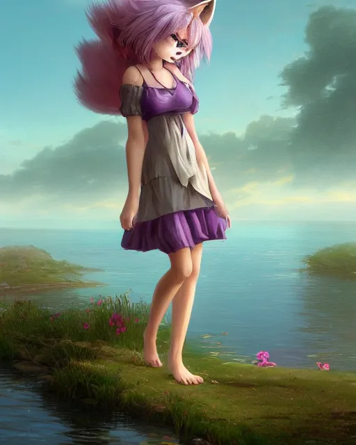 Image similar to an anthropomorphic fox girl with purple hair, she wears a simple sundress, she has a pronounced snout and two pointed black ears, beautiful lake background, illustration by greg rutkowski, thomas kindkade, loish, artstation, furaffinity, deviantart