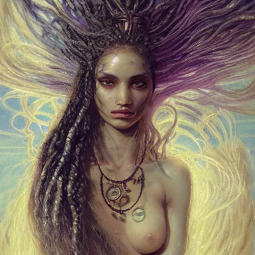 Image similar to birth of mami wata, sumerian goddess inanna ishtar, ashteroth, techno mystic goddess princess intergalactica, with aqua neon rapunzel dreadlocks, mami wata, detailed, by gaston bussiere, bayard wu, greg rutkowski, giger, maxim verehin, greg rutkowski, masterpiece, sharp focus,