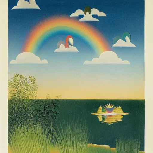 Image similar to Two Alicorns iwth rainbow wings flying over a lake, artwork by Henri Rousseau