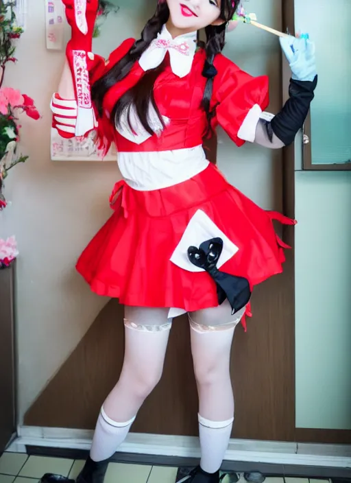 Image similar to a japanese idol dressed in red maid costume in a maid cafe, cute pose, 8 k, photography,