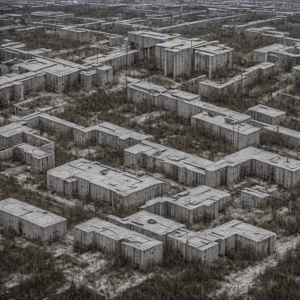 Image similar to brutalist soviet architecture, abandoned city, in the swamps, 4 k, professional photography