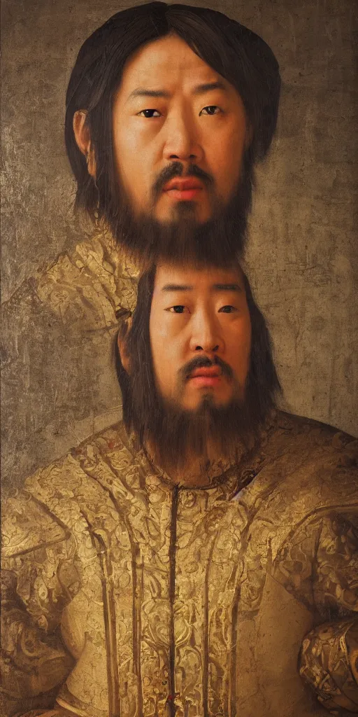 Image similar to Highly detailed and cinematic Renaissance period portrait oil painting Kublai Khan, an oil painting ((masterpiece)) by ((Josep Tapiró Baró)), dynamic lighting, 8K