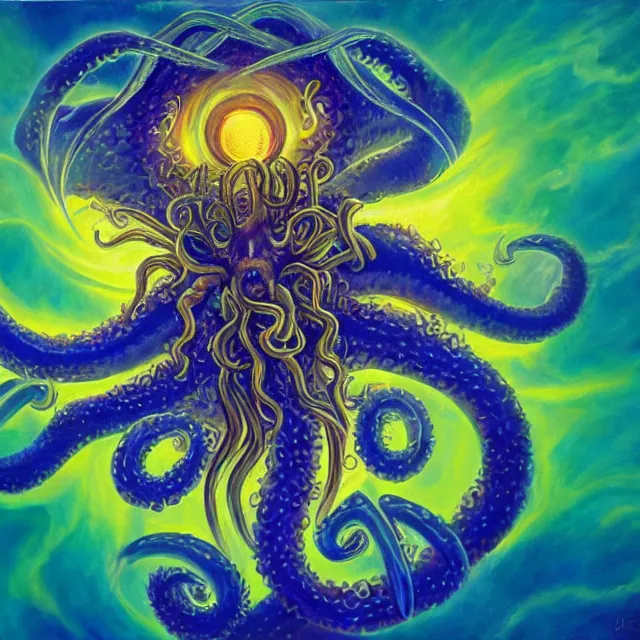 Image similar to angelic ophanim cthulhu mythos covered in eyes tentacles and golden light, oil painting award winning, chromatic aberration sharp colors