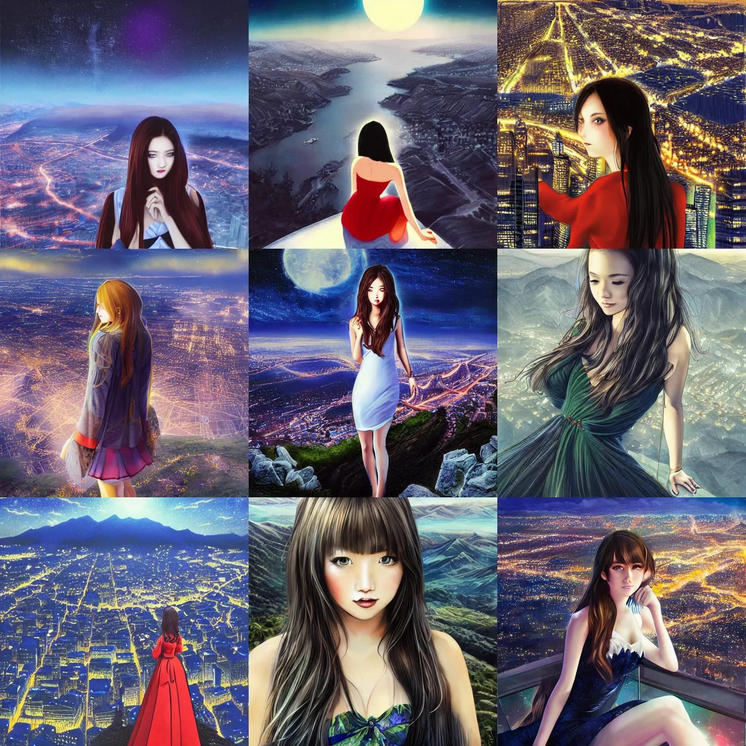 Prompt: dressed beautiful girl looking from the edge of the mountain on the giant night city below, midnight, highly detailed portrait, illustration by manga artist, hyper realism