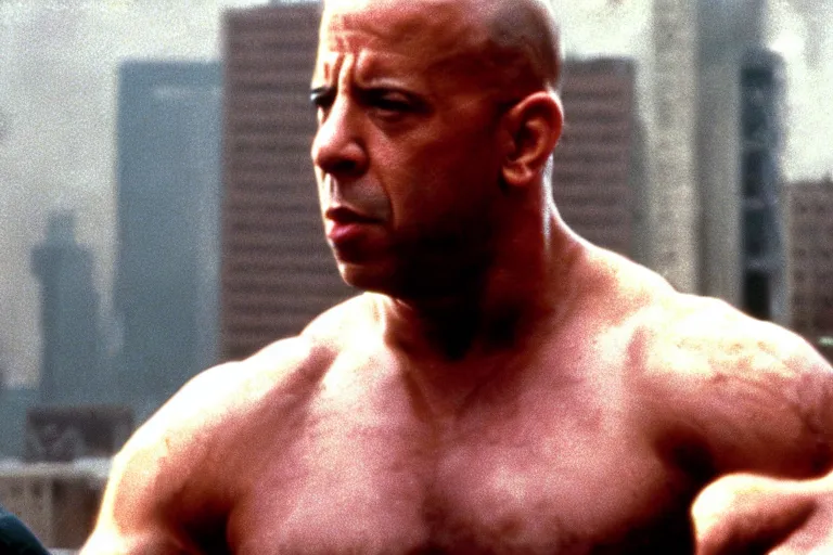 Image similar to film still of Vin Diesel as John McClane in Die Hard 1988