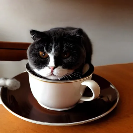 Image similar to a elegant scottish fold cat having a cup of tea